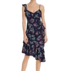 Likely Floral Midi Dress Asymmetric Ruffle